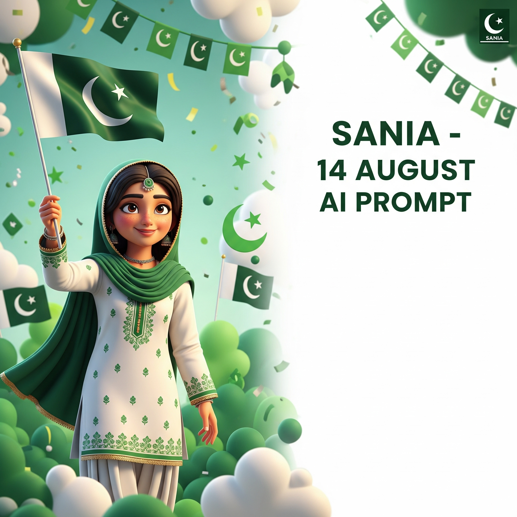 Sania – 14 August South Asian Girl AI Image Prompt (Pixar-Style Ultra-HD)
