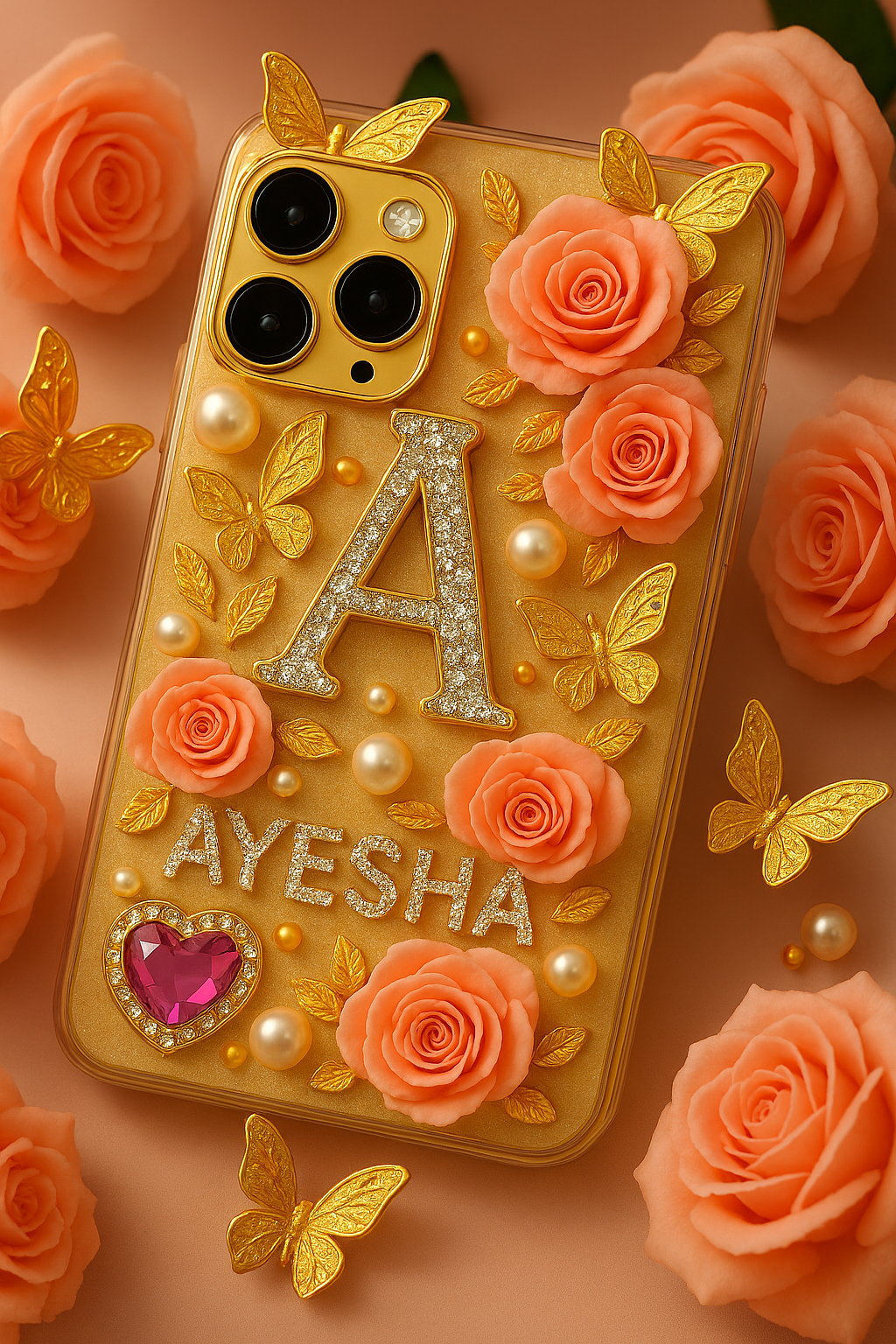 Luxurious Customized iPhone 16 Pro Case with Name "Ayesha" – 3D Floral & Rhinestone Design